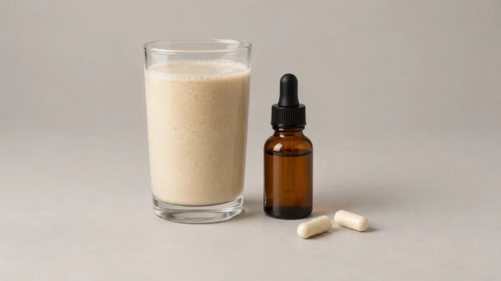 Protein shake in a glass next to a dropper bottle and two capsules