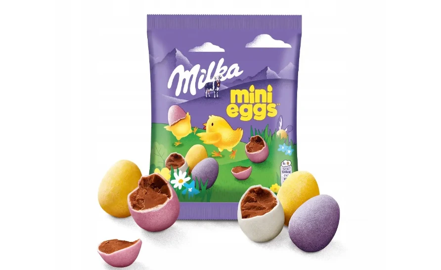 Пачка Milka Mini Eggs і шоколадні яйця з начинкою поруч