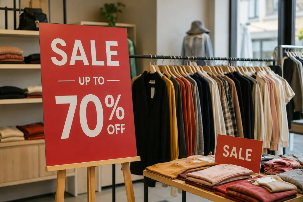 Табличка розпродажу зі знижкою до 70% у магазині одягу