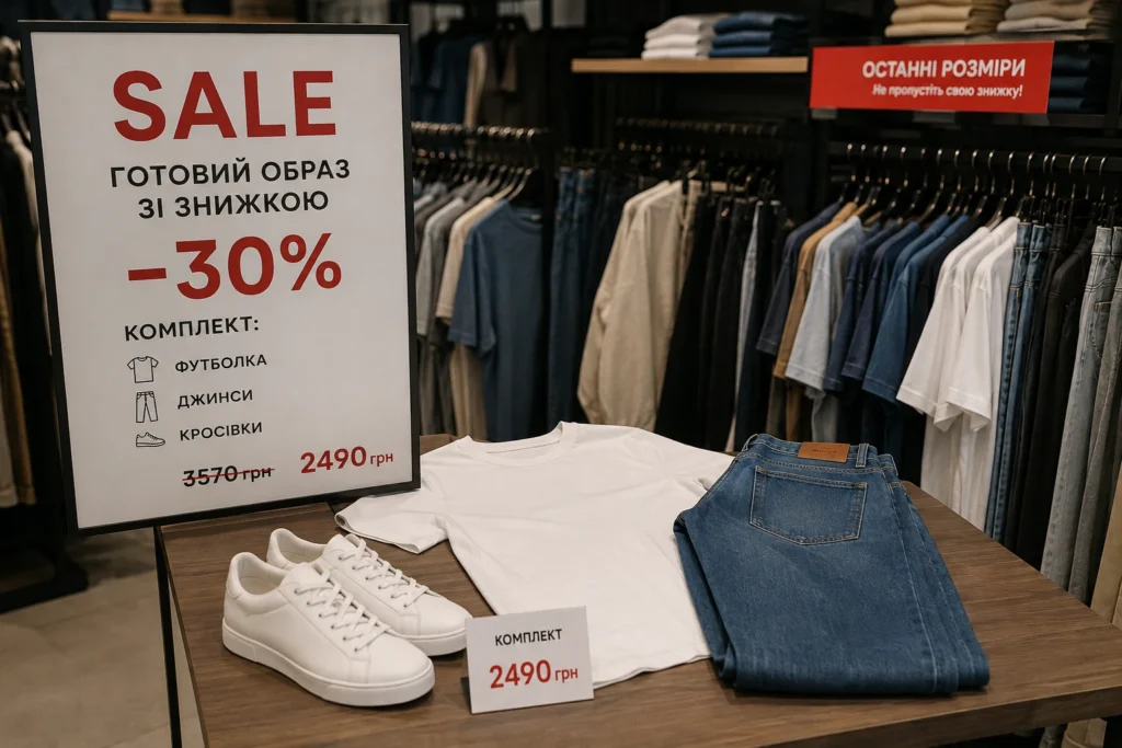 Комплект одягу зі знижкою та банер &laquo;Останні розміри&raquo;