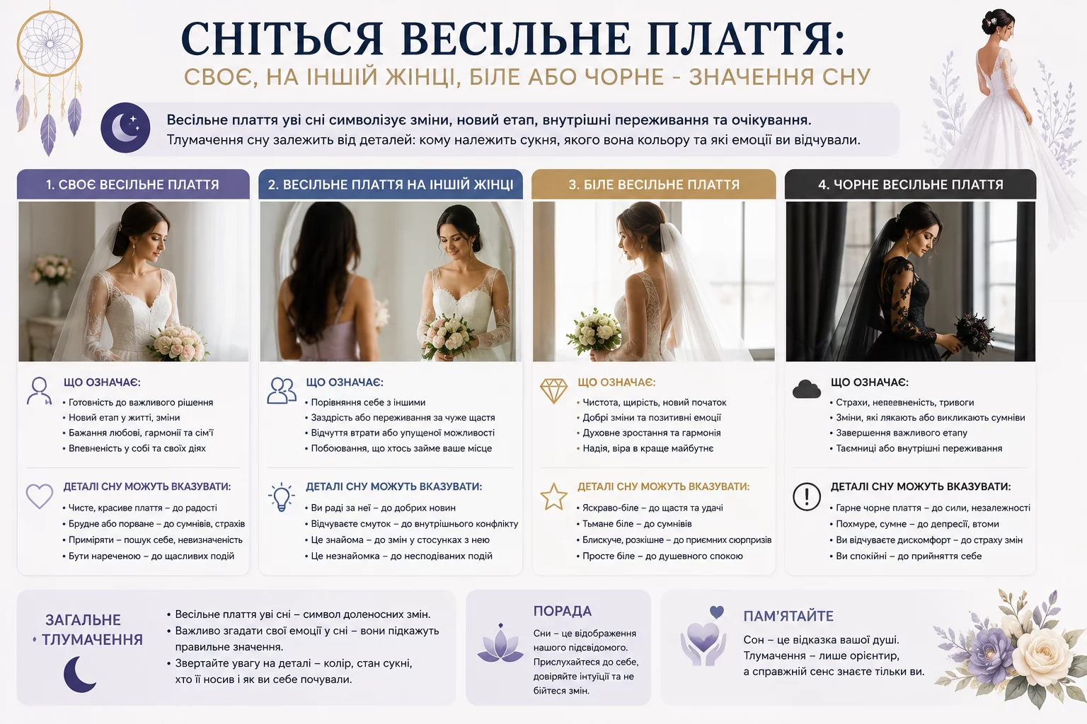 Інфографіка про тлумачення снів із весільною сукнею — значення свого, чужого, білого та чорного плаття з поясненнями деталей сну