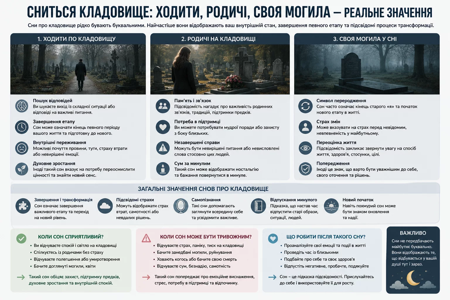 Інфографіка про тлумачення снів про кладовище, родичів та свою могилу