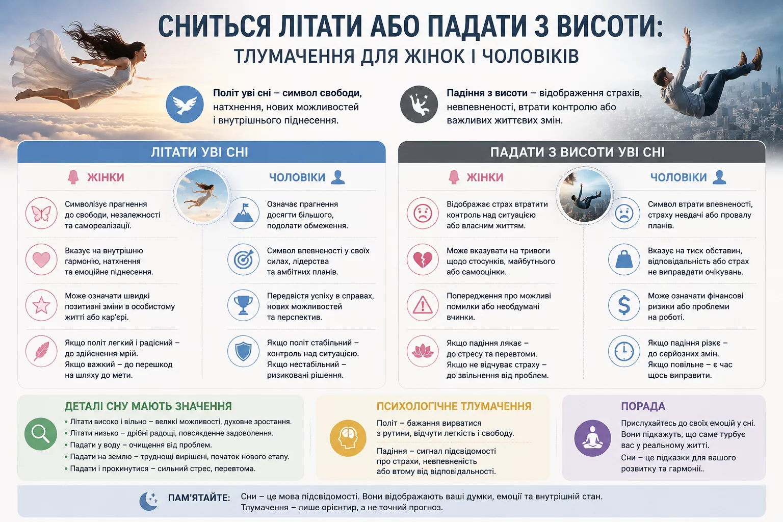 Інфографіка про значення снів польоту та падіння для жінок і чоловіків — психологічне тлумачення, деталі сну та поради