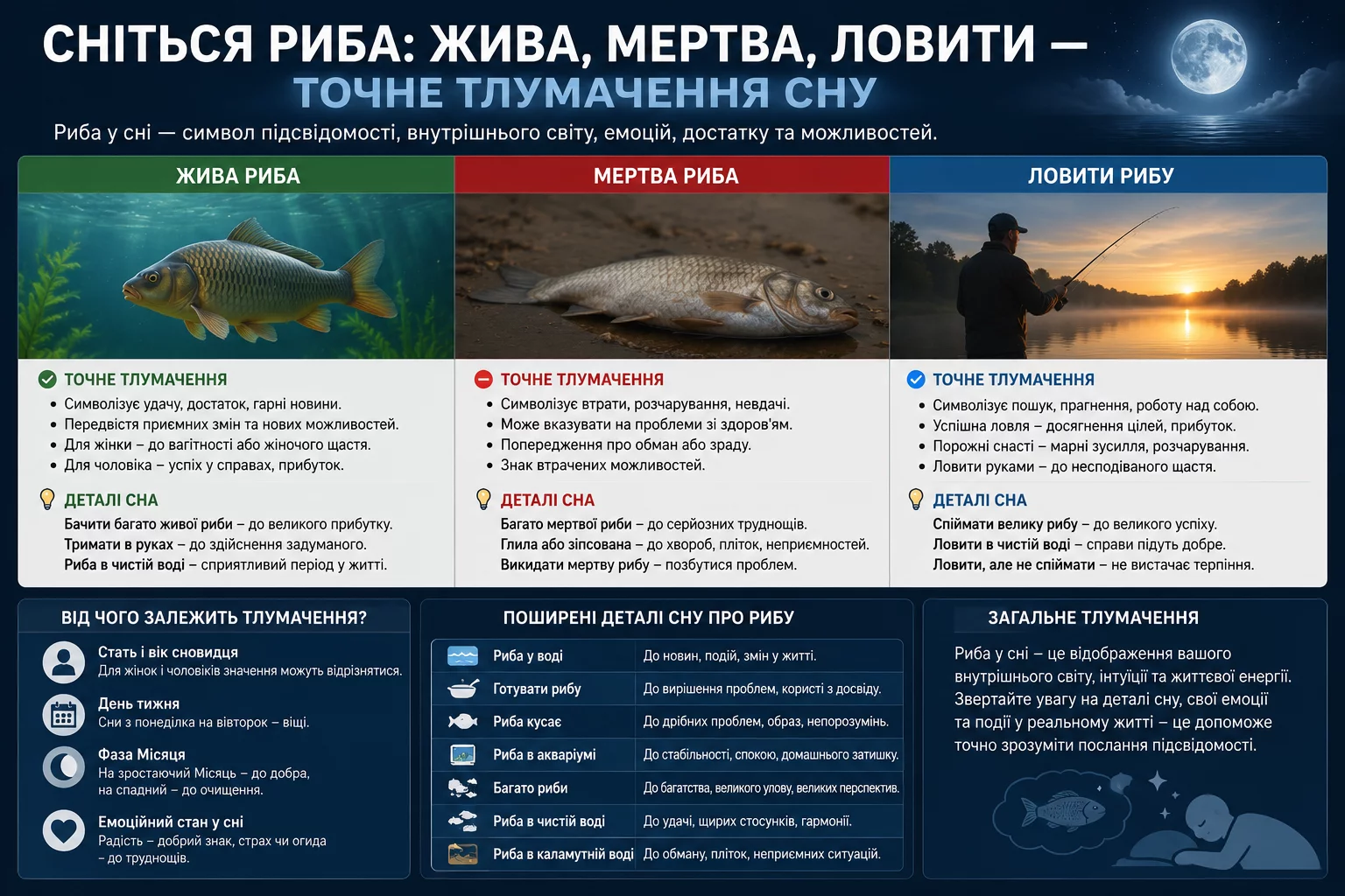 Інфографіка з тлумаченням снів про рибу — жива риба, мертва риба та ловля риби