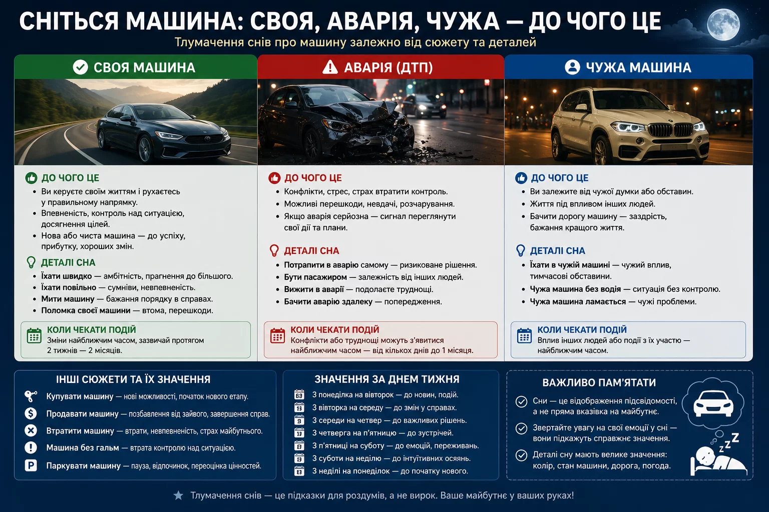 Інфографіка з тлумаченням снів про машину &mdash; своя машина, аварія та чужа машина