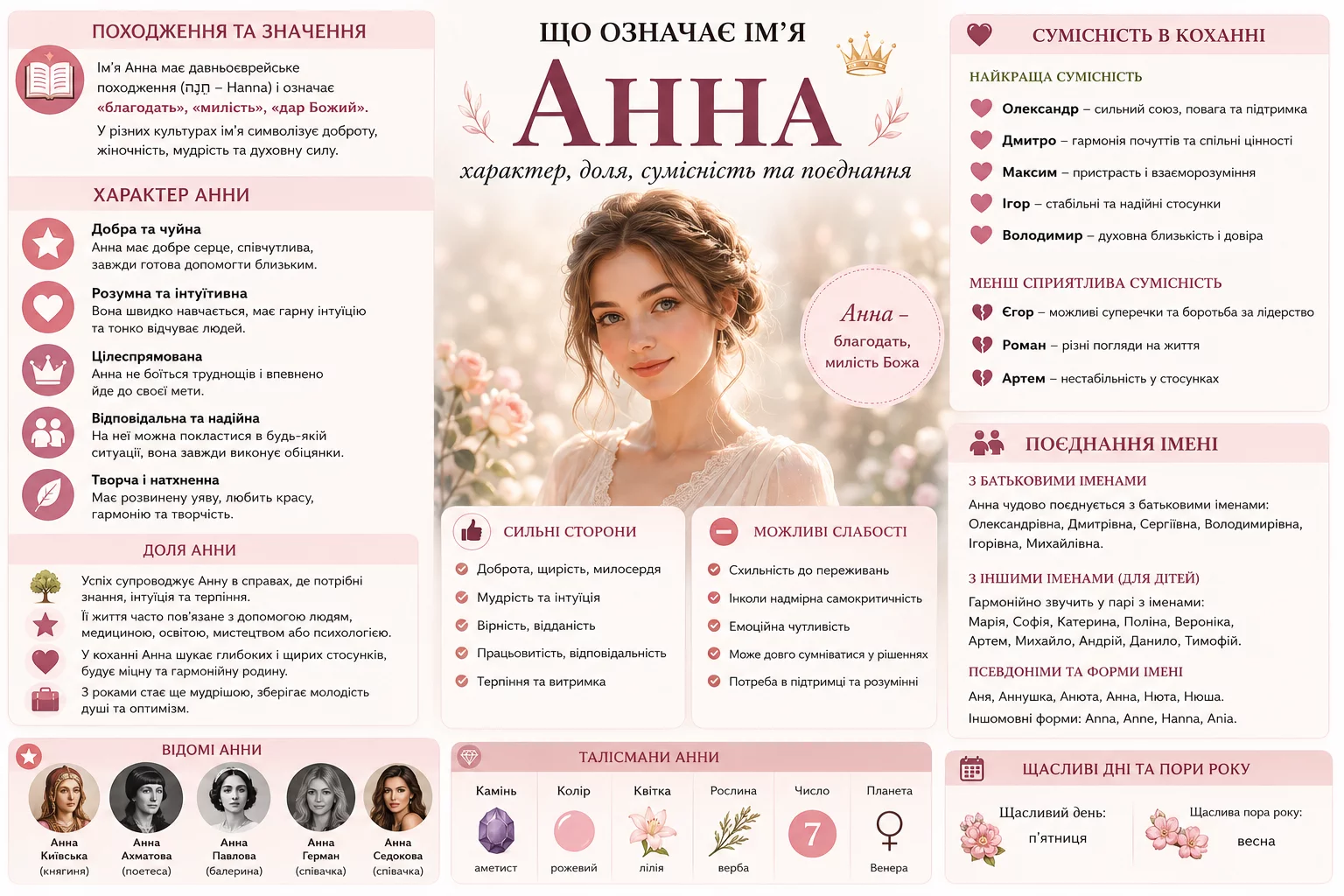 Інфографіка про значення імені Анна, його походження, характер, сумісність, відомих носіїв та символіку.