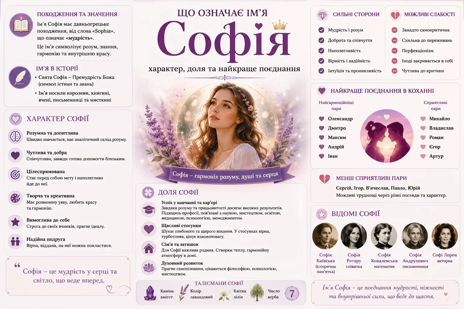 Інфографіка про значення імені Софія, його походження, риси характеру, сумісність, відомих носіїв та символіку.
