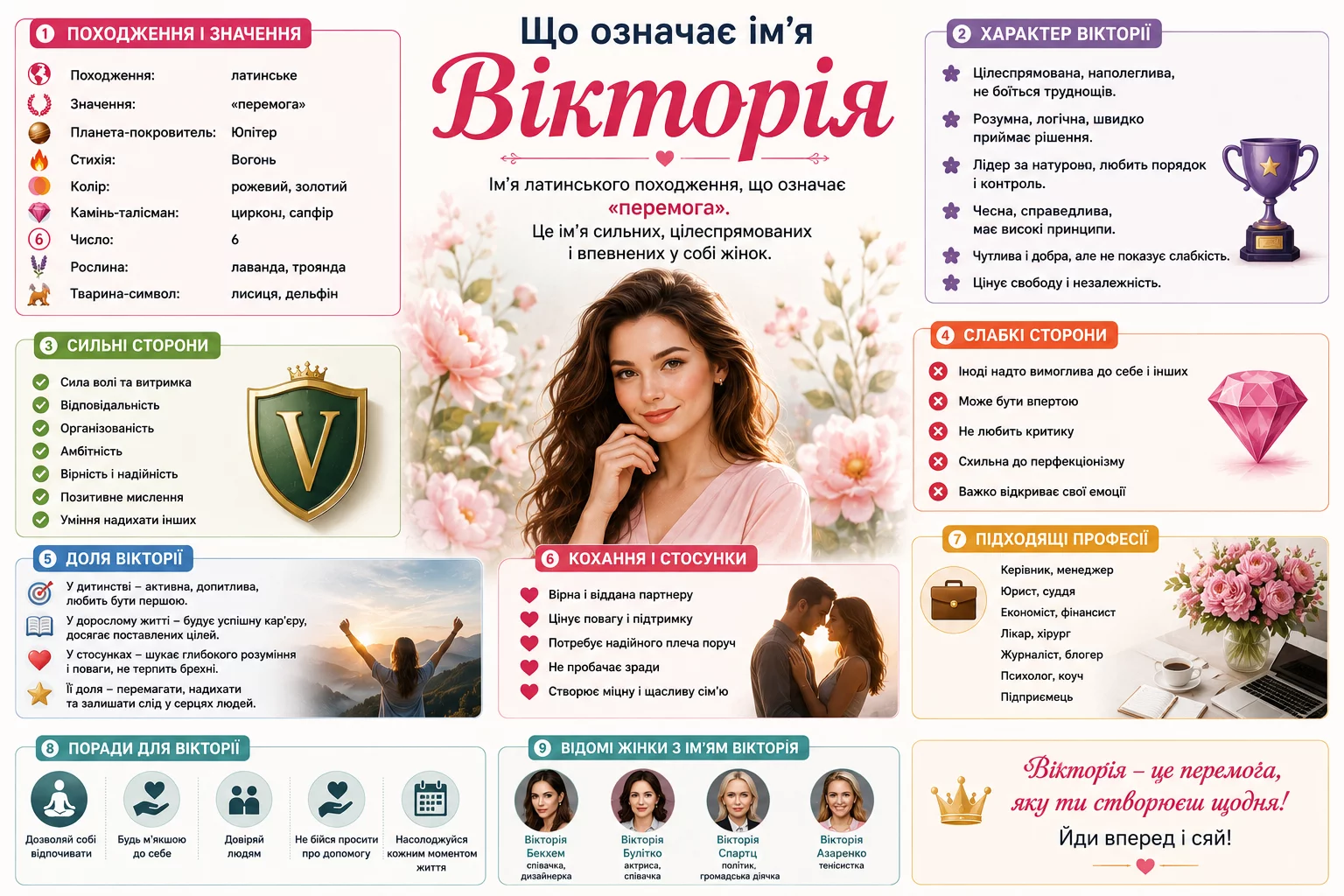 Інфографіка про значення, характер і походження імені Вікторія