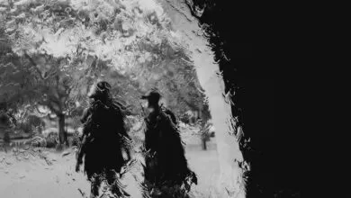 Abstract black and white photo of silhouettes seen through rain-covered glass, creating a textured effect.