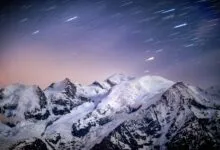 Stunning view of Mont Blanc under a starry night sky in Chamonix, France.
