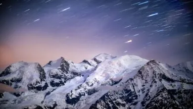 Stunning view of Mont Blanc under a starry night sky in Chamonix, France.