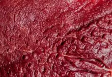 Detailed macro shot of raw beef showcasing texture and marbling.