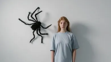 Woman stands with a large artificial spider on wall, portraying fear or anxiety.