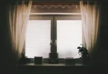 A home interior featuring a window with curtains, blinds, and potted plants.