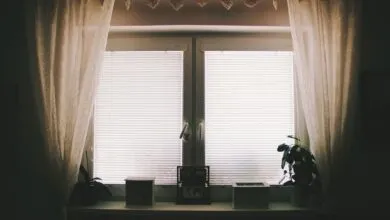 A home interior featuring a window with curtains, blinds, and potted plants.