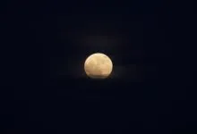 A luminous full moon surrounded by a dark, clear night sky, offering a serene celestial view.